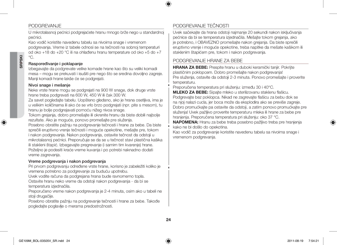 Samsung GE109MST/XSG, GE109MST/ZAM, GE109MST-R/XSG, GE109MST/BOL manual Podgrevanje Tečnosti, Podgrevanje Hrane ZA Bebe 