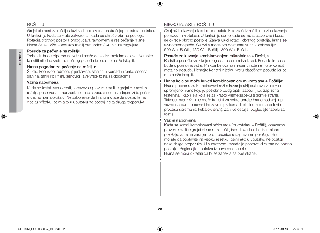 Samsung GE109MST/XSG manual Mikrotalasi + Roštilj, Posuđe za pečenje na roštilju, Hrana pogodna za pečenje na roštilju 