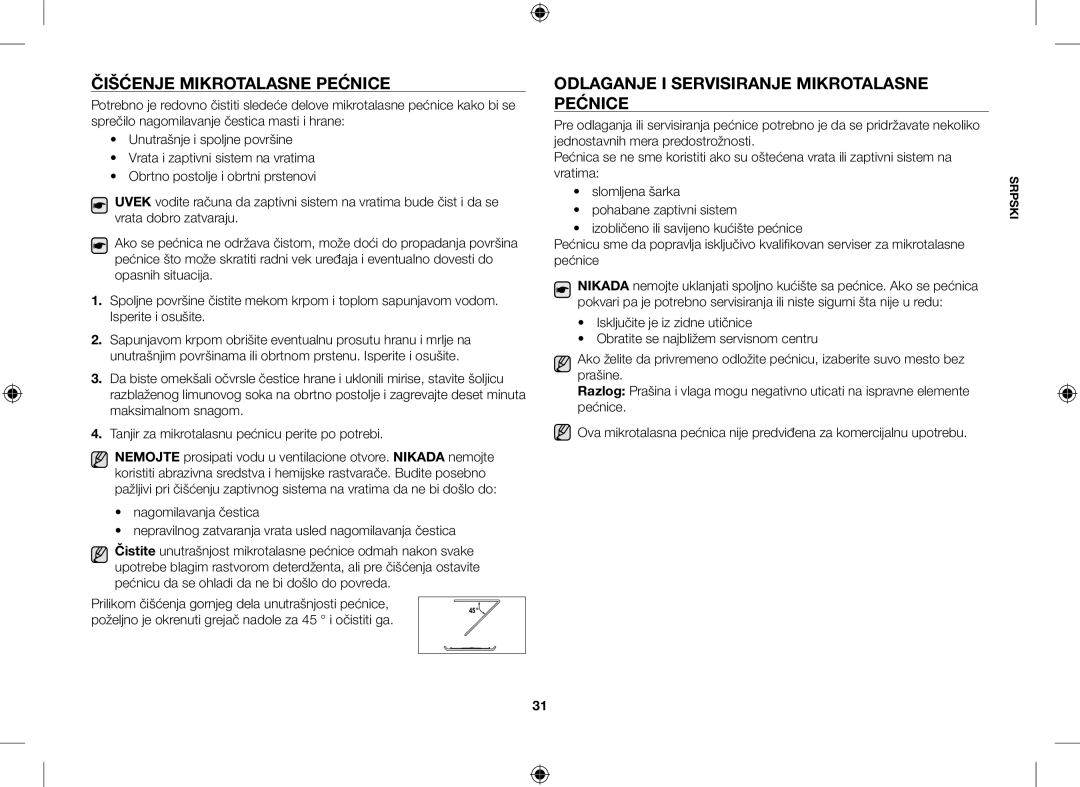 Samsung GE109MST/BOL, GE109MST/XSG manual Čišćenje Mikrotalasne Pećnice, Odlaganje I Servisiranje Mikrotalasne Pećnice 