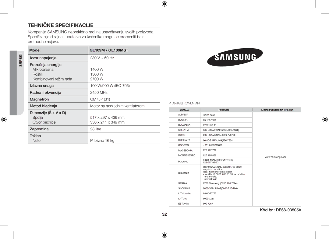 Samsung GE109MST/XSG, GE109MST/ZAM, GE109MST-R/XSG, GE109MST/BOL manual Tehničke Specifikacije, Kôd br. DE68-03505V 