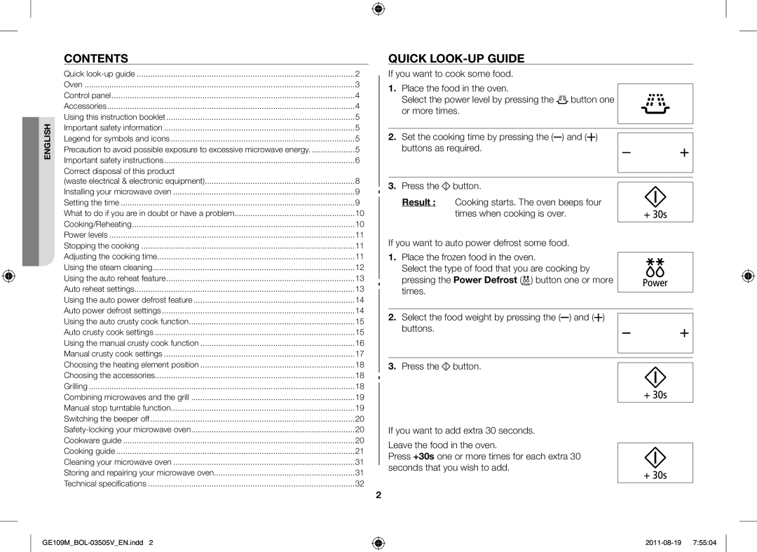 Samsung GE109MST-R/XSG, GE109MST/XSG, GE109MST/ZAM, GE109MST/BOL manual Contents, Quick LOOK-UP Guide 