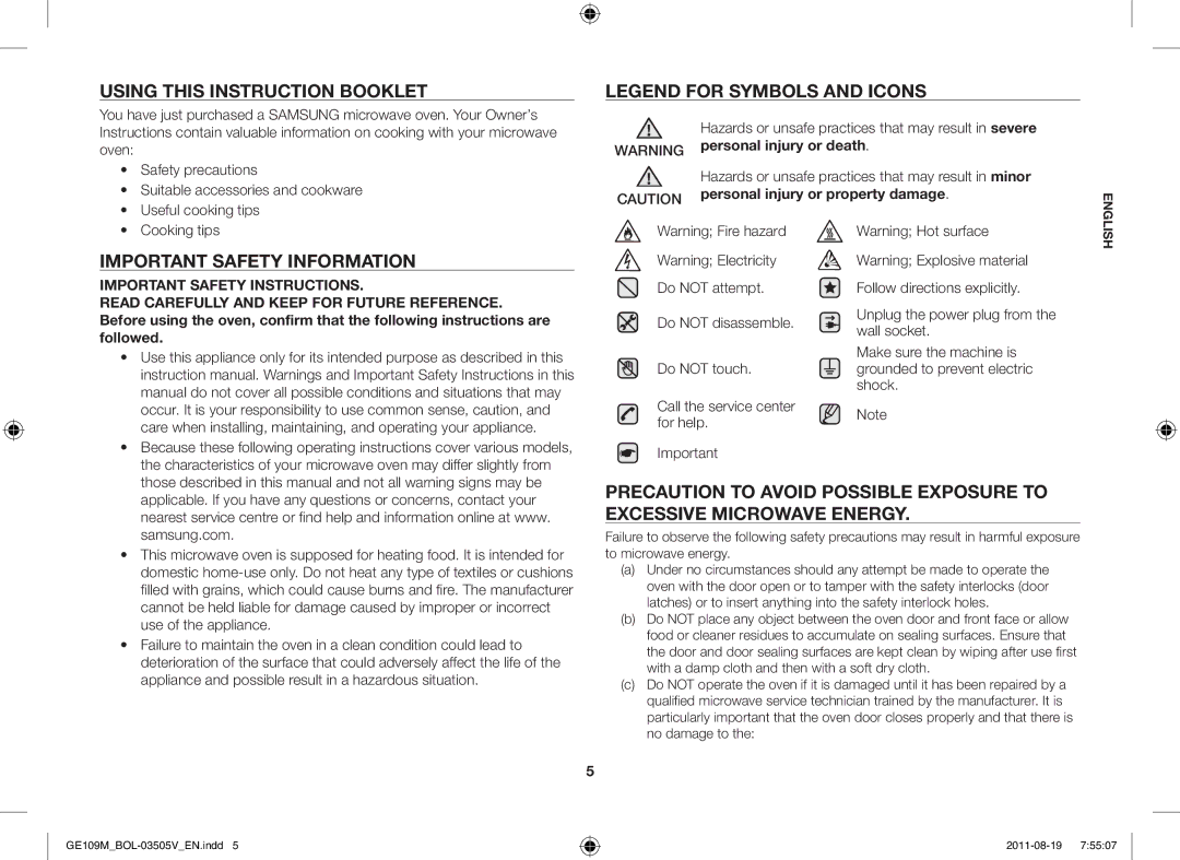 Samsung GE109MST/ZAM Using this Instruction Booklet, Important Safety Information, Personal injury or property damage 