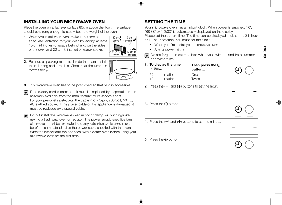 Samsung GE109MST/ZAM, GE109MST/XSG manual Installing Your Microwave Oven, Setting the Time, Winter time, Then press Button 