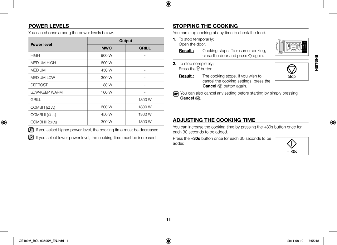 Samsung GE109MST/BOL, GE109MST/XSG, GE109MST/ZAM Power Levels, Stopping the Cooking, Adjusting the Cooking Time, Output 