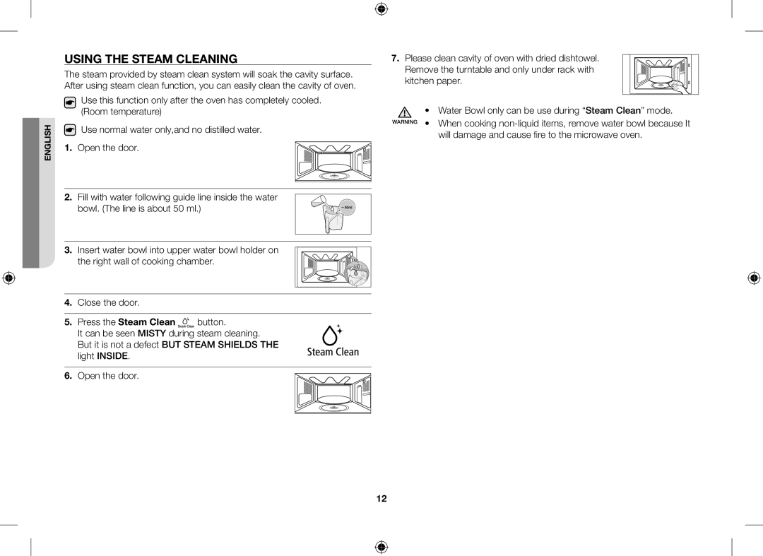 Samsung GE109MST/XSG, GE109MST/ZAM, GE109MST-R/XSG, GE109MST/BOL manual Using the Steam Cleaning, Open the door 