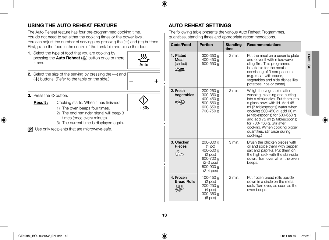 Samsung GE109MST/ZAM Using the Auto Reheat Feature, Auto Reheat Settings, Code/Food Portion Standing Recommendations Time 