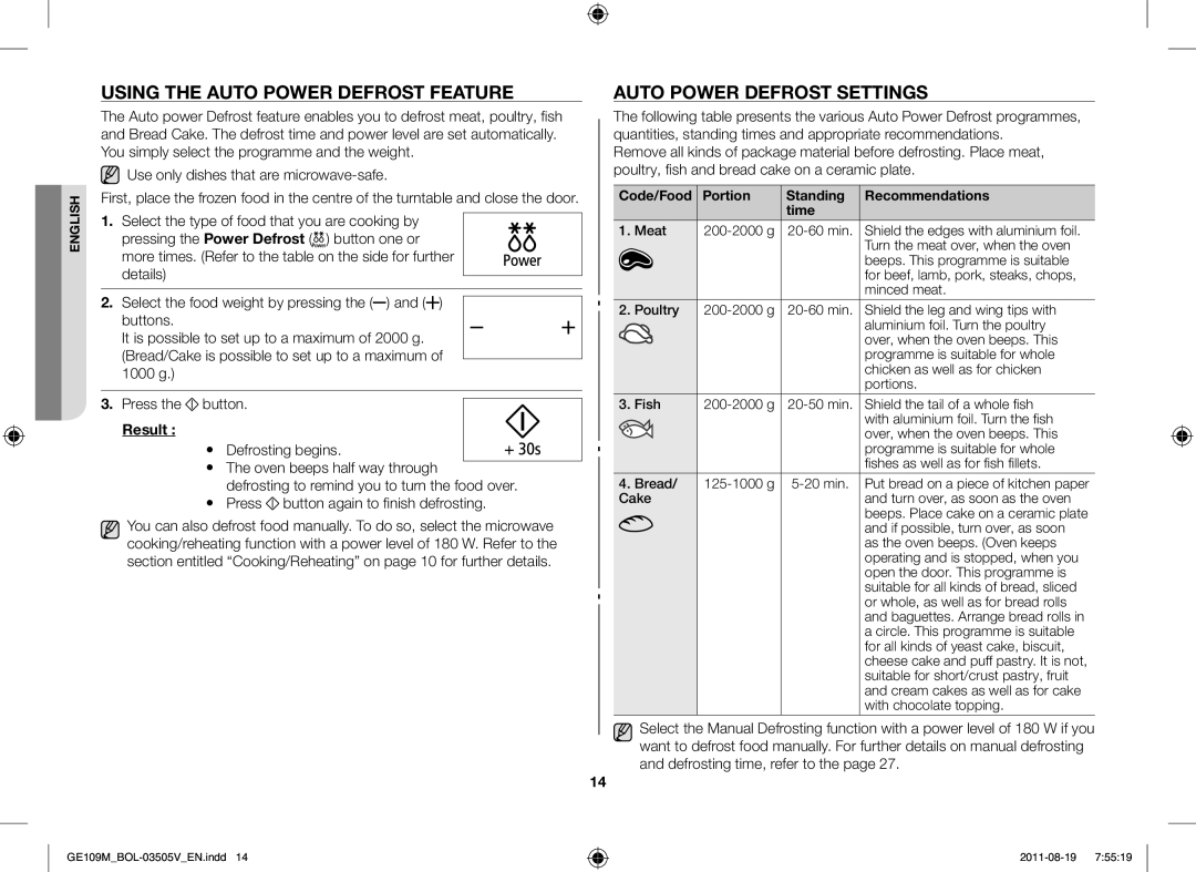 Samsung GE109MST-R/XSG, GE109MST/XSG manual Using the Auto Power Defrost Feature, Auto Power Defrost Settings, Result 