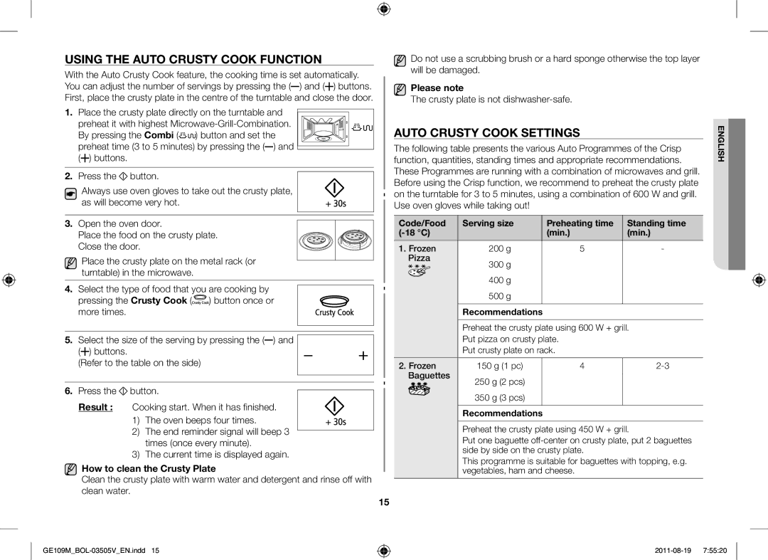 Samsung GE109MST/BOL manual Using the Auto Crusty Cook Function, Auto Crusty Cook Settings, How to clean the Crusty Plate 