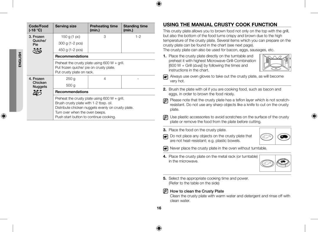 Samsung GE109MST/XSG, GE109MST/ZAM, GE109MST-R/XSG manual Using the Manual Crusty Cook Function, C Min Frozen, Quiche, Pie 