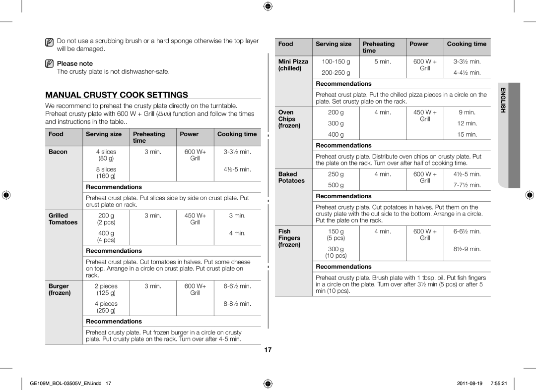 Samsung GE109MST/ZAM, GE109MST/XSG, GE109MST-R/XSG, GE109MST/BOL manual Manual Crusty Cook Settings 