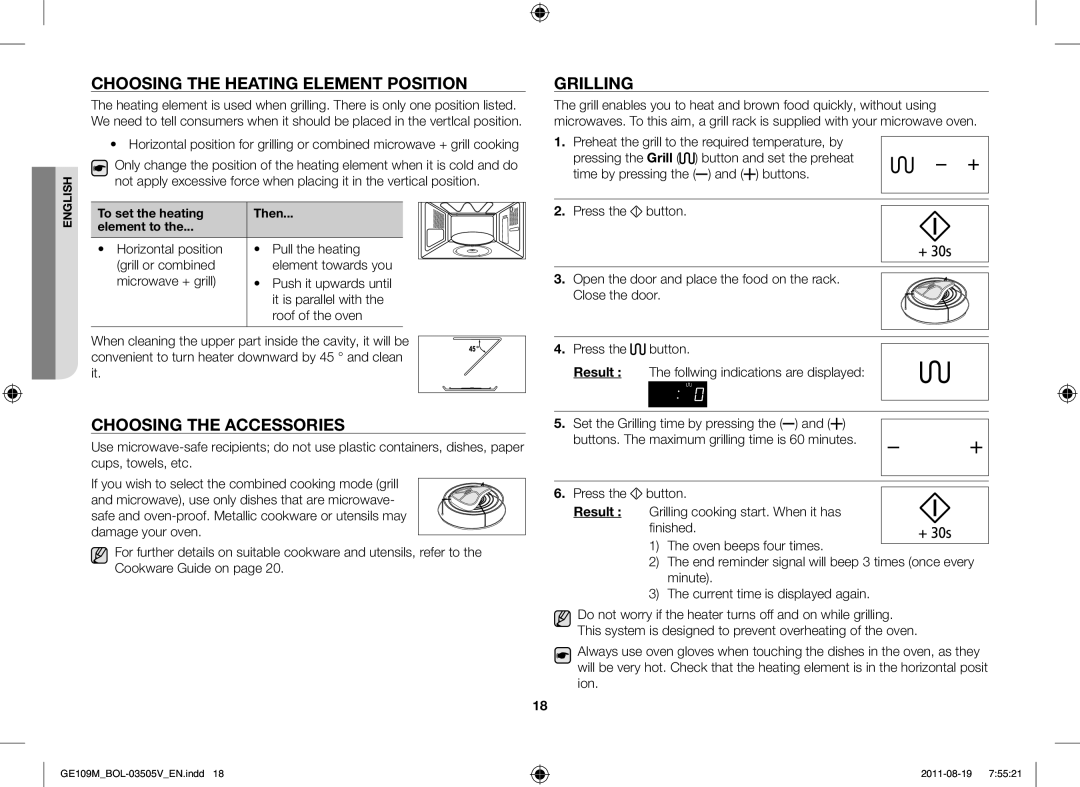 Samsung GE109MST-R/XSG, GE109MST/XSG manual Choosing the Heating Element Position, Choosing the Accessories, Grilling 