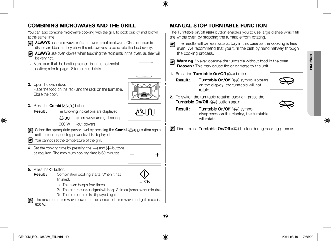 Samsung GE109MST/BOL Combining Microwaves and the Grill, Manual Stop Turntable Function, Turntable On/Off button again 