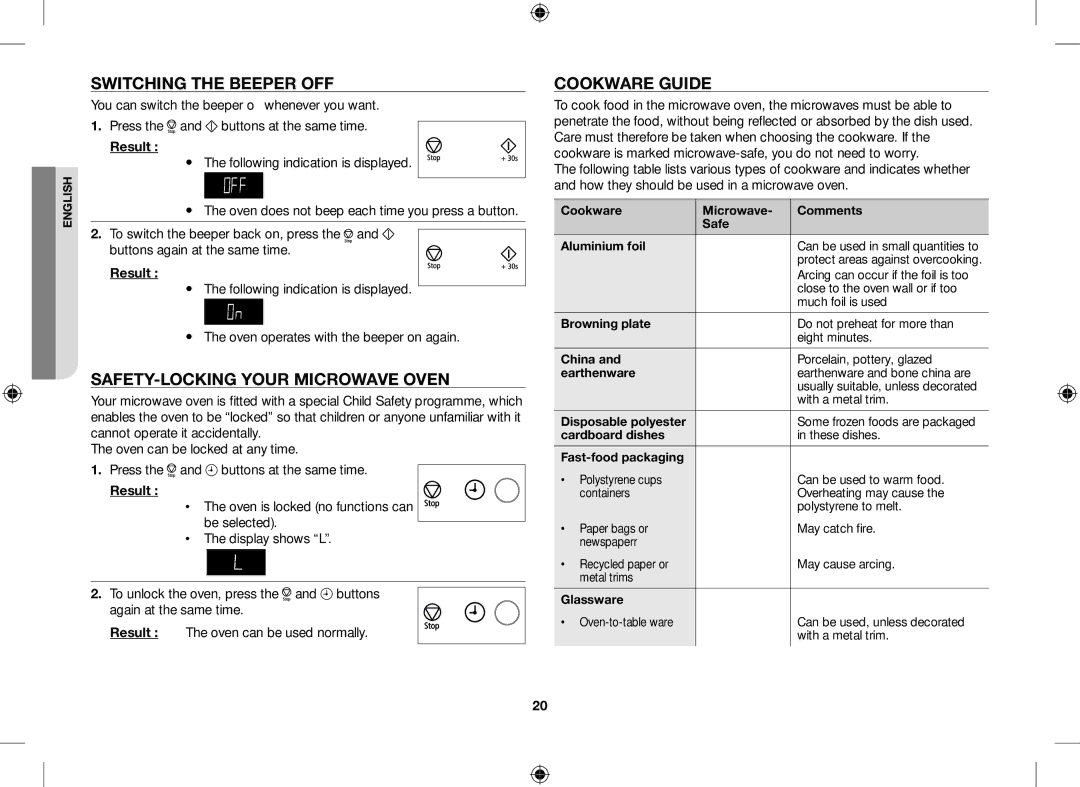 Samsung GE109MST/XSG, GE109MST/ZAM manual Switching the Beeper OFF, SAFETY-LOCKING Your Microwave Oven, Cookware Guide 