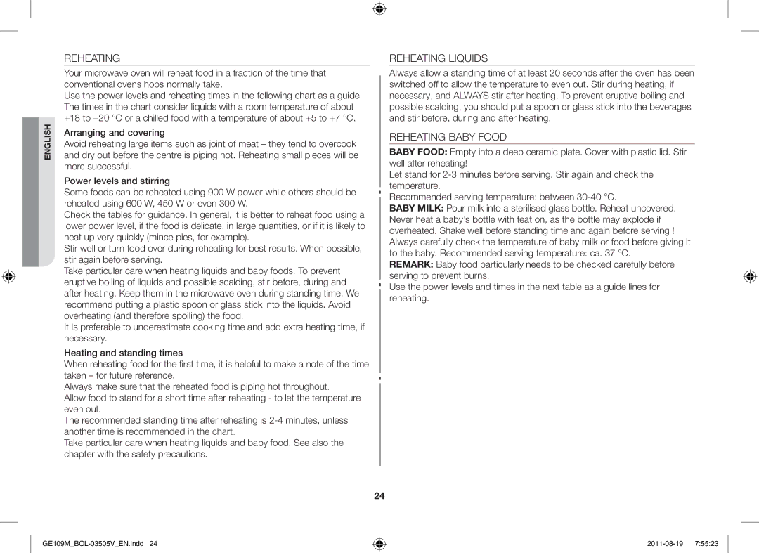 Samsung GE109MST/XSG, GE109MST/ZAM, GE109MST-R/XSG, GE109MST/BOL manual Reheating Liquids, Reheating Baby Food 