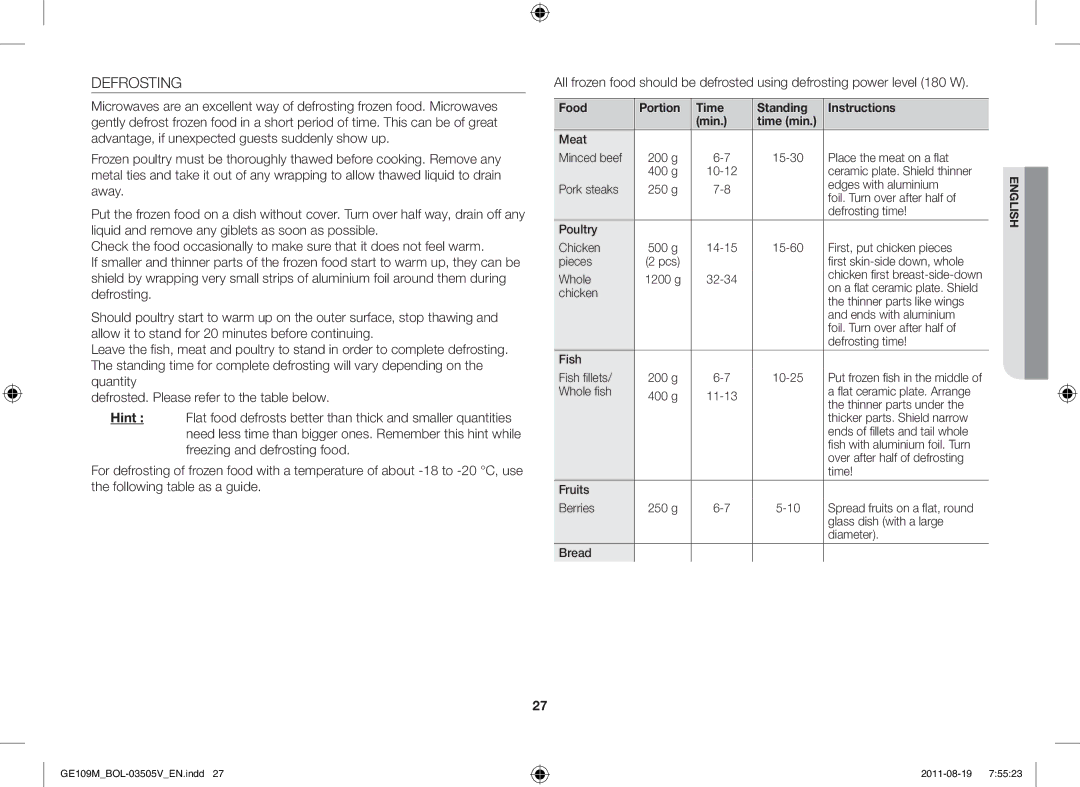 Samsung GE109MST/BOL, GE109MST/XSG, GE109MST/ZAM manual Defrosting, Food Portion Time Standing Instructions Min Time min 