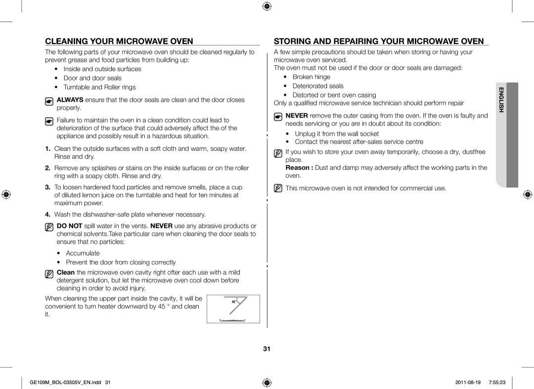 Samsung GE109MST/BOL, GE109MST/XSG, GE109MST/ZAM Cleaning Your Microwave Oven, Storing and Repairing Your Microwave Oven 