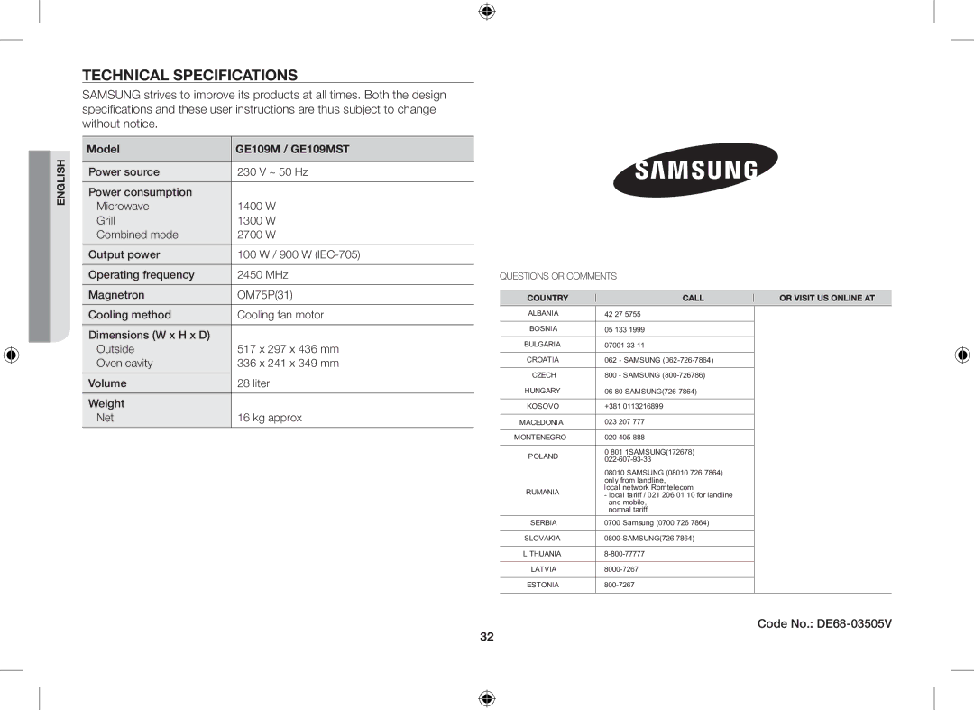 Samsung GE109MST/XSG, GE109MST/ZAM, GE109MST-R/XSG, GE109MST/BOL manual Technical Specifications, Code No. DE68-03505V 