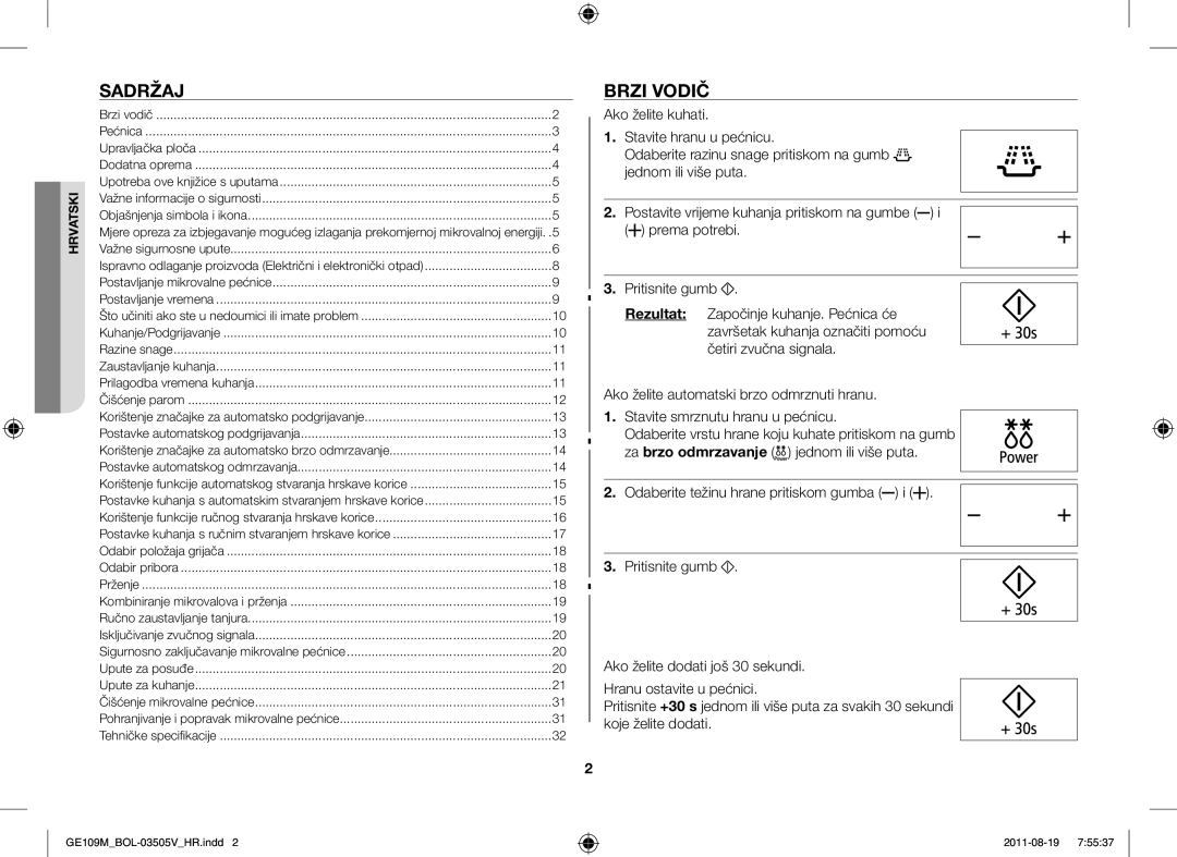 Samsung GE109MST-R/XSG, GE109MST/XSG, GE109MST/ZAM, GE109MST/BOL manual Sadržaj, Brzi Vodič 