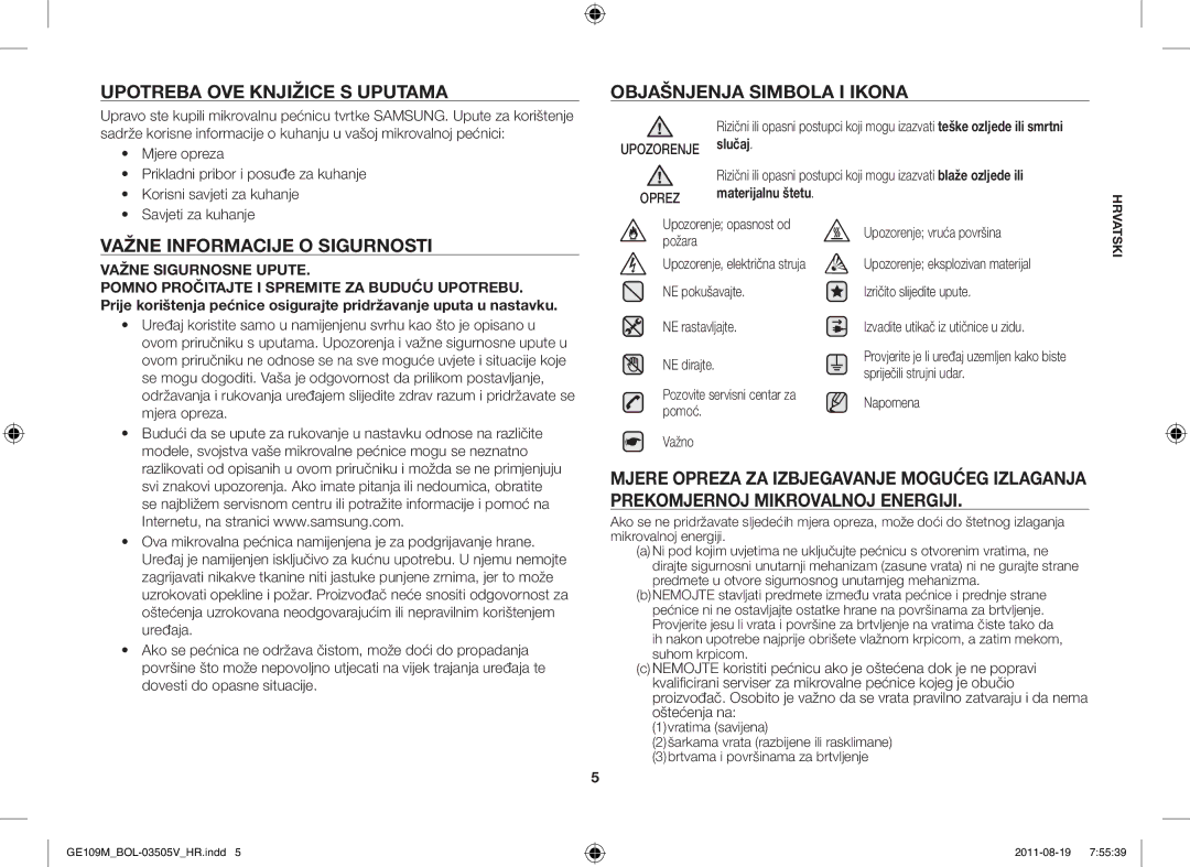 Samsung GE109MST/ZAM manual Upotreba OVE Knjižice S Uputama Objašnjenja Simbola I Ikona, Važne Informacije O Sigurnosti 