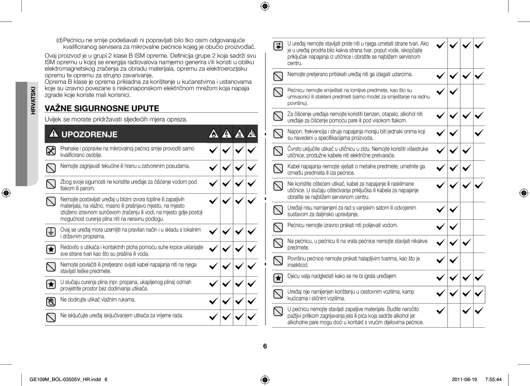 Samsung GE109MST-R/XSG, GE109MST/XSG manual Važne Sigurnosne Upute, Uvijek se morate pridržavati sljedećih mjera opreza 