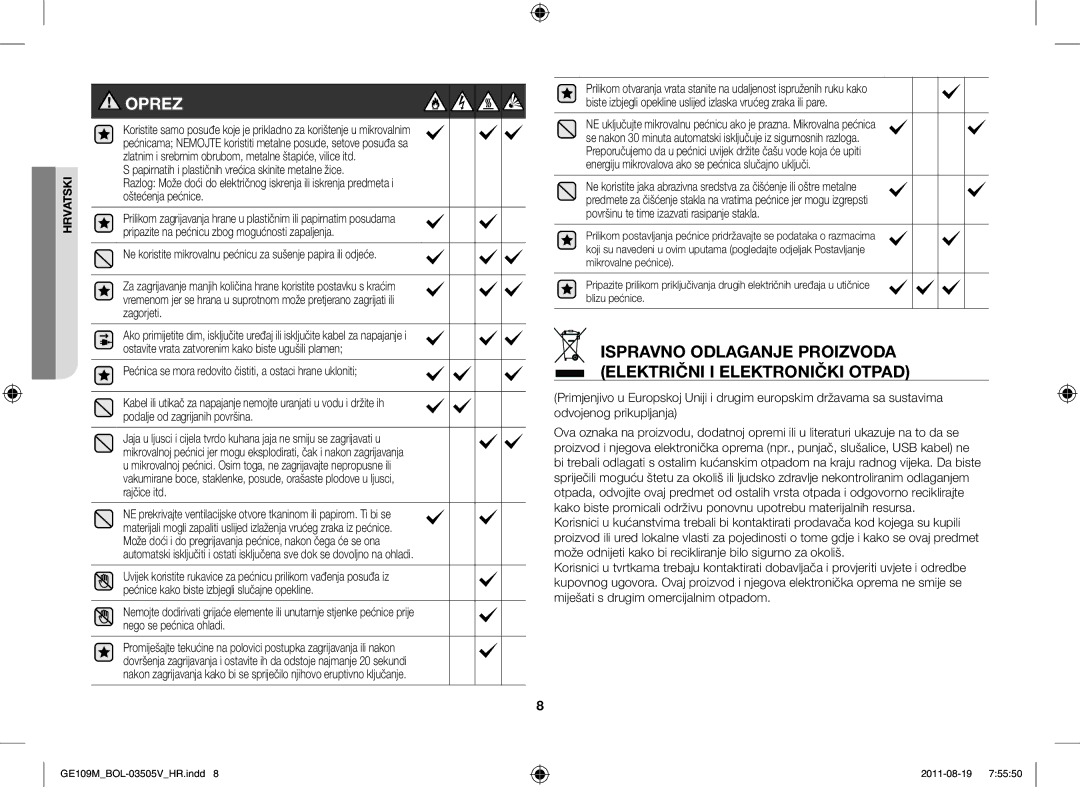 Samsung GE109MST/XSG, GE109MST/ZAM, GE109MST-R/XSG manual Ne koristite mikrovalnu pećnicu za sušenje papira ili odjeće 