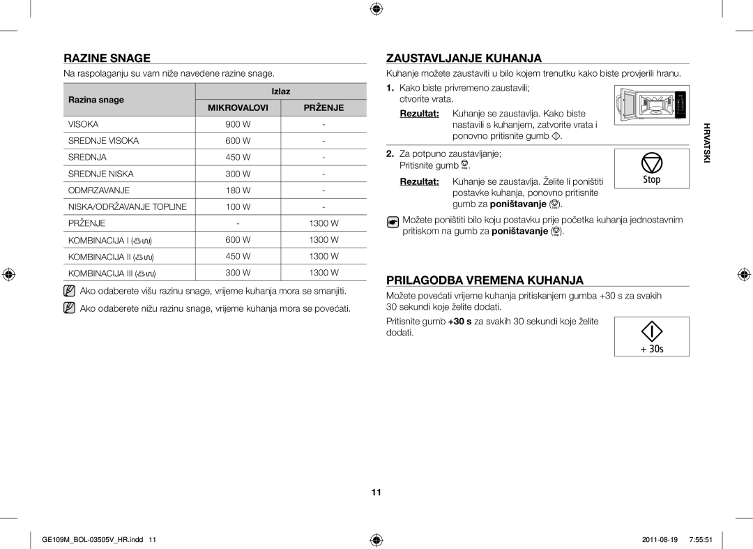 Samsung GE109MST/BOL, GE109MST/XSG Razine Snage, Zaustavljanje Kuhanja, Prilagodba Vremena Kuhanja, Gumb za poništavanje 