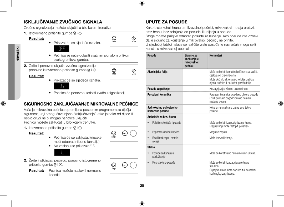 Samsung GE109MST/XSG manual Isključivanje Zvučnog Signala, Sigurnosno Zaključavanje Mikrovalne Pećnice, Upute ZA Posuđe 