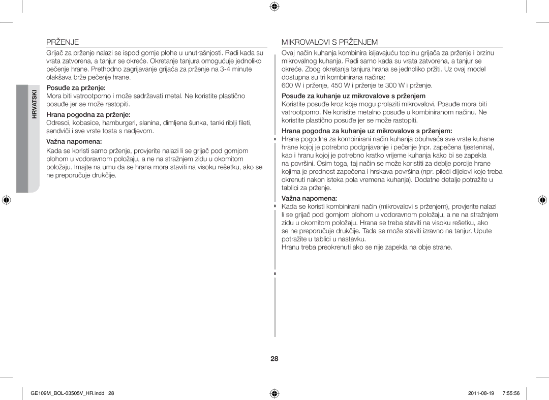 Samsung GE109MST/XSG, GE109MST/ZAM, GE109MST-R/XSG, GE109MST/BOL manual Mikrovalovi S Prženjem 