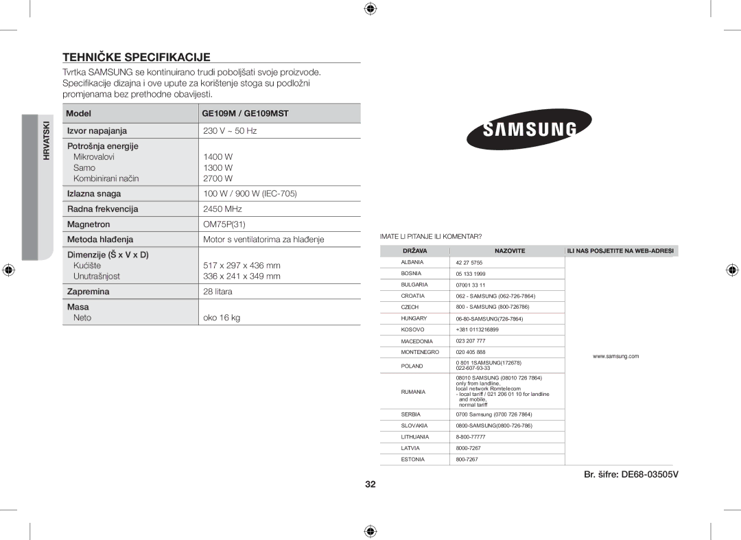 Samsung GE109MST/XSG, GE109MST/ZAM, GE109MST-R/XSG Tehničke Specifikacije, Br. šifre DE68-03505V, Model GE109M / GE109MST 