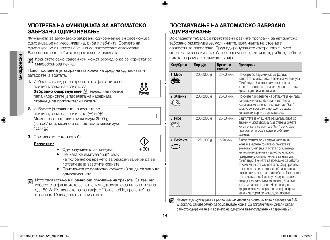 Samsung GE109MST-R/XSG, GE109MST/XSG, GE109MST/ZAM, GE109MST/BOL Употреба НА Функцијата ЗА Автоматско Забрзано Одмрзнување 