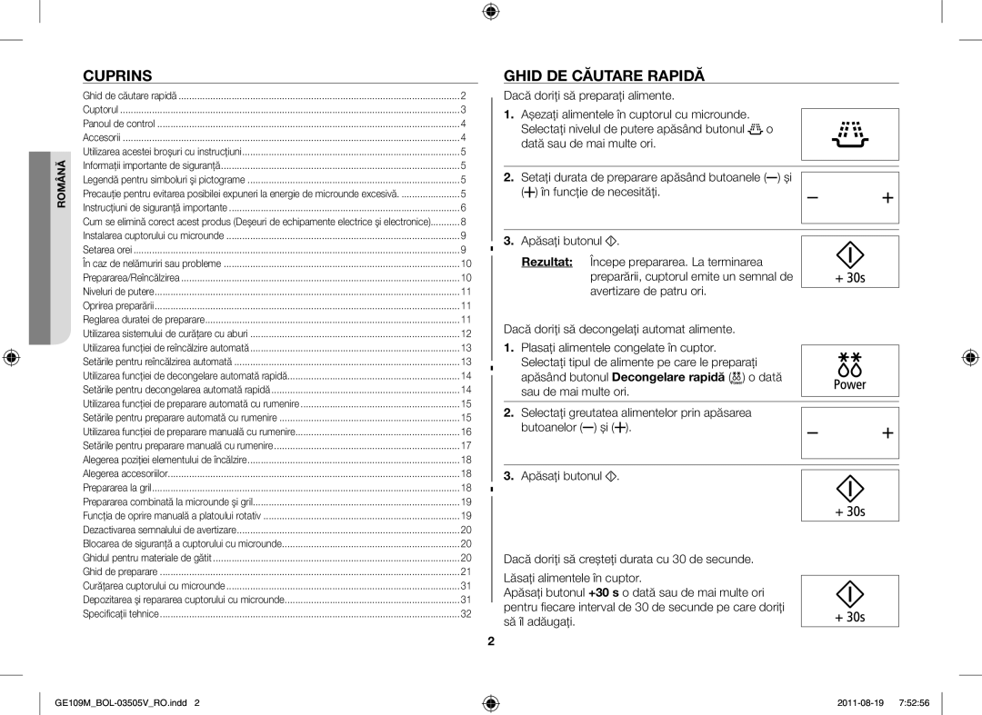 Samsung GE109MST-R/XSG, GE109MST/XSG, GE109MST/ZAM, GE109MST/BOL manual Cuprins, Ghid DE Căutare Rapidă 