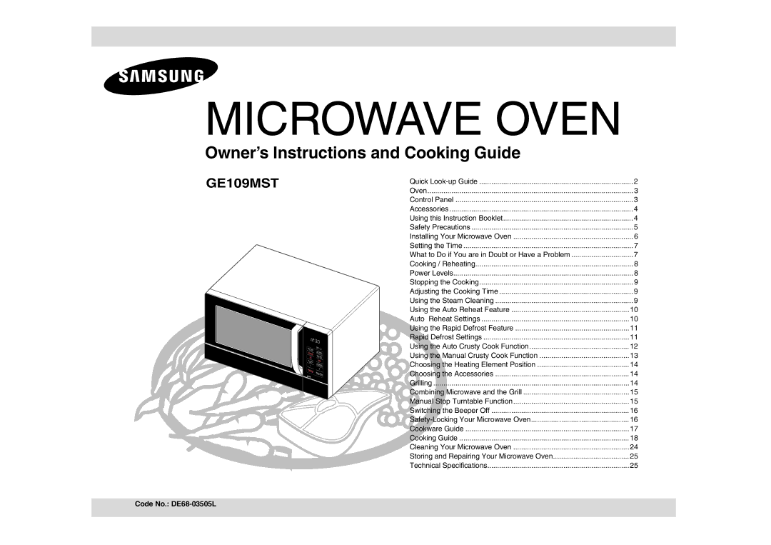 Samsung GE109MST/ZAM, GE109MST/XSG, GE109MST-R/XSG manual Microwave Oven, Code No. DE68-03505L 