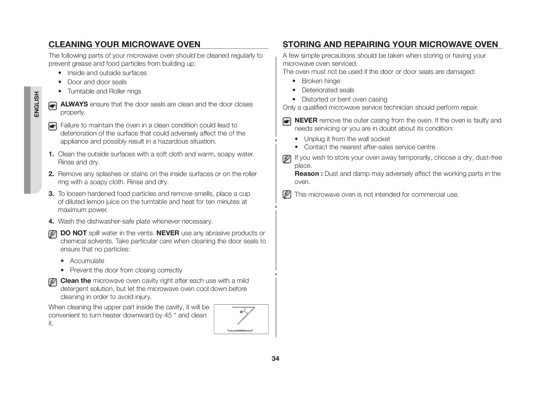 Samsung GE109MST/XSV manual Cleaning your microwave oven, Storing and repairing your microwave oven 