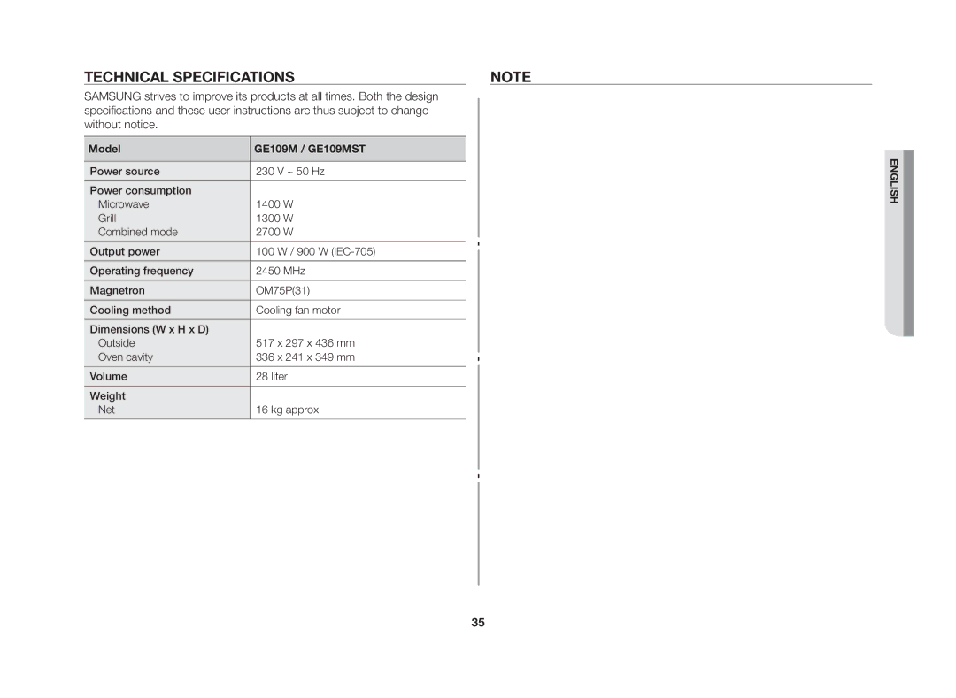 Samsung GE109MST/XSV manual Technical specifications, Model GE109M / GE109MST 