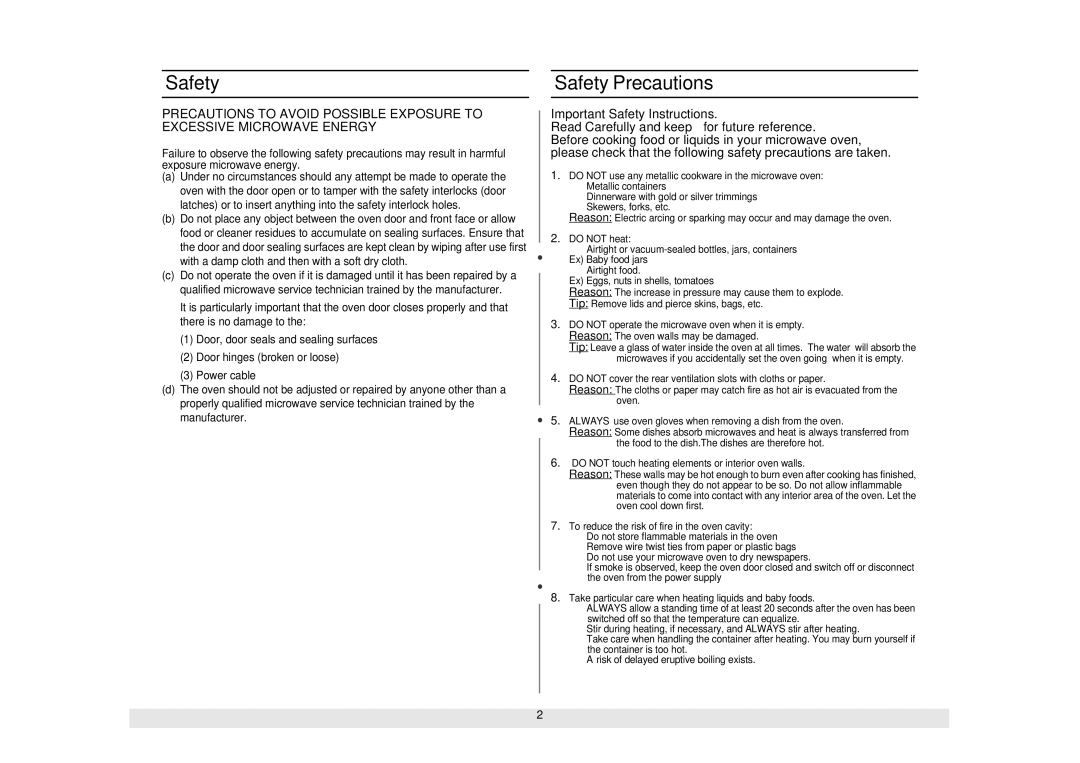 Samsung GE614ST-B/ZAM manual Safety Precautions 