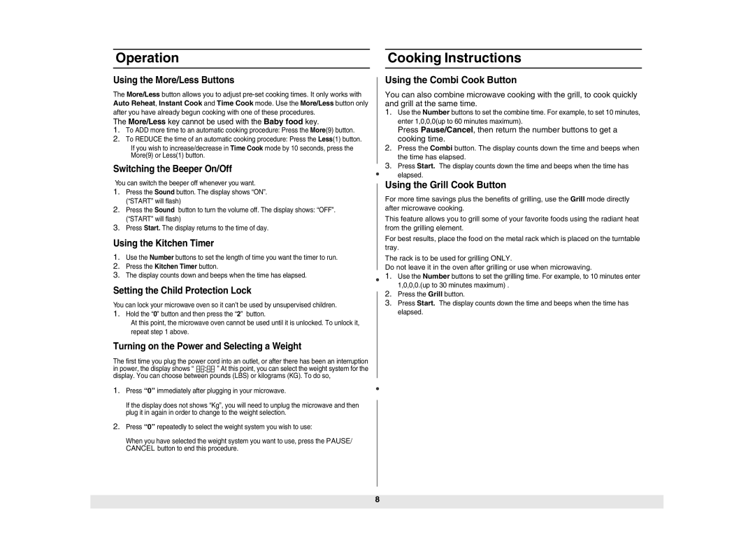 Samsung GE614ST-B/ZAM manual Cooking Instructions, Using the Combi Cook Button, Using the Grill Cook Button 