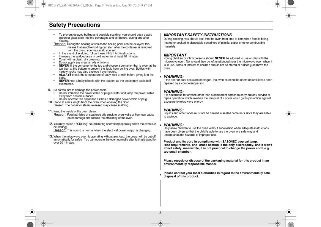 Samsung GE614ST/FAL, GE614ST/XSG, GE614ST/EGY, GE614ST/ZAM manual Safety Precautions 