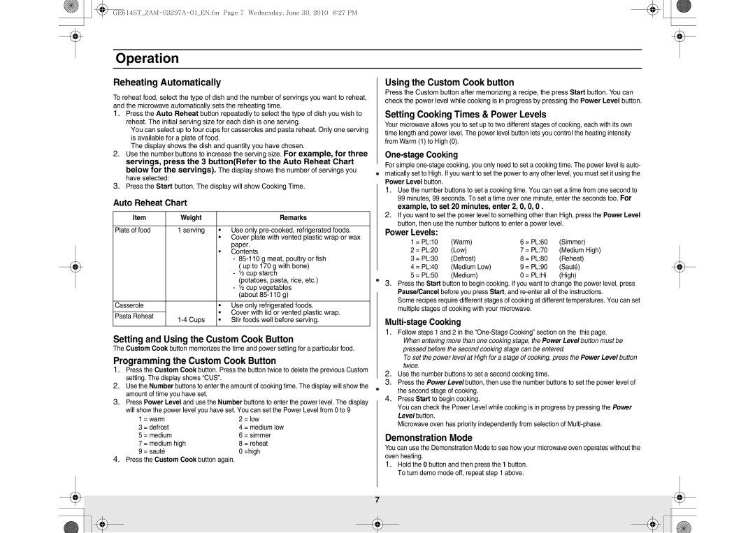 Samsung GE614ST/FAL, GE614ST/XSG, GE614ST/EGY, GE614ST/ZAM manual Reheating Automatically 