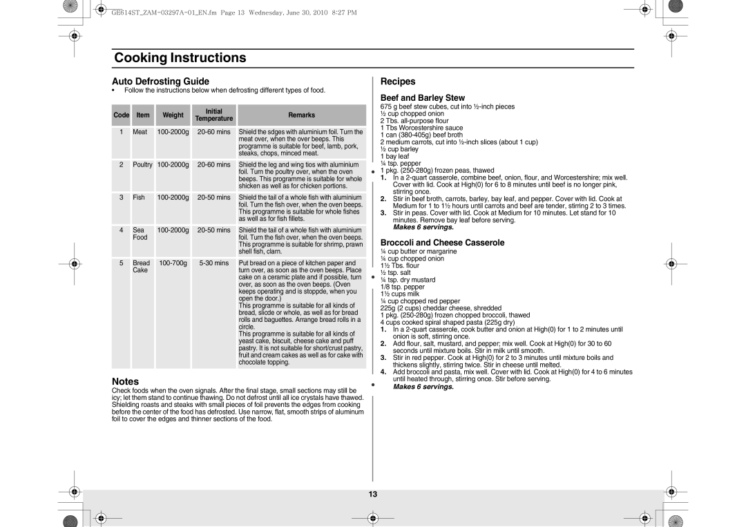 Samsung GE614ST/EGY, GE614ST/XSG manual Auto Defrosting Guide, Recipes, Beef and Barley Stew, Broccoli and Cheese Casserole 