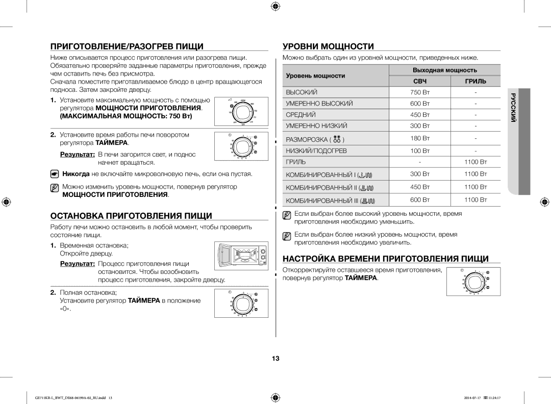 Samsung GE711KR-L/BWT manual ПРИГОТОВЛЕНИЕ/РАЗОГРЕВ Пищи, Остановка Приготовления Пищи, Уровни Мощности 