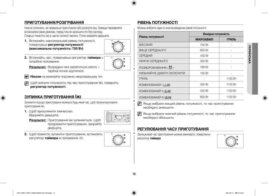 Samsung GE711KR-L/BWT manual Приготування/Розігрівання, Зупинка Приготування ЇЖІ, Рівень Потужності 