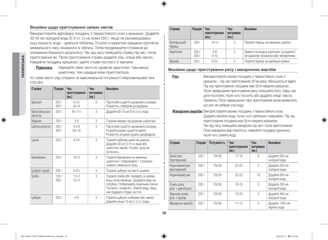 Samsung GE711KR-L/BWT manual Вказівки щодо приготування свіжих овочів, Вказівки щодо приготування рису і макаронних виробів 