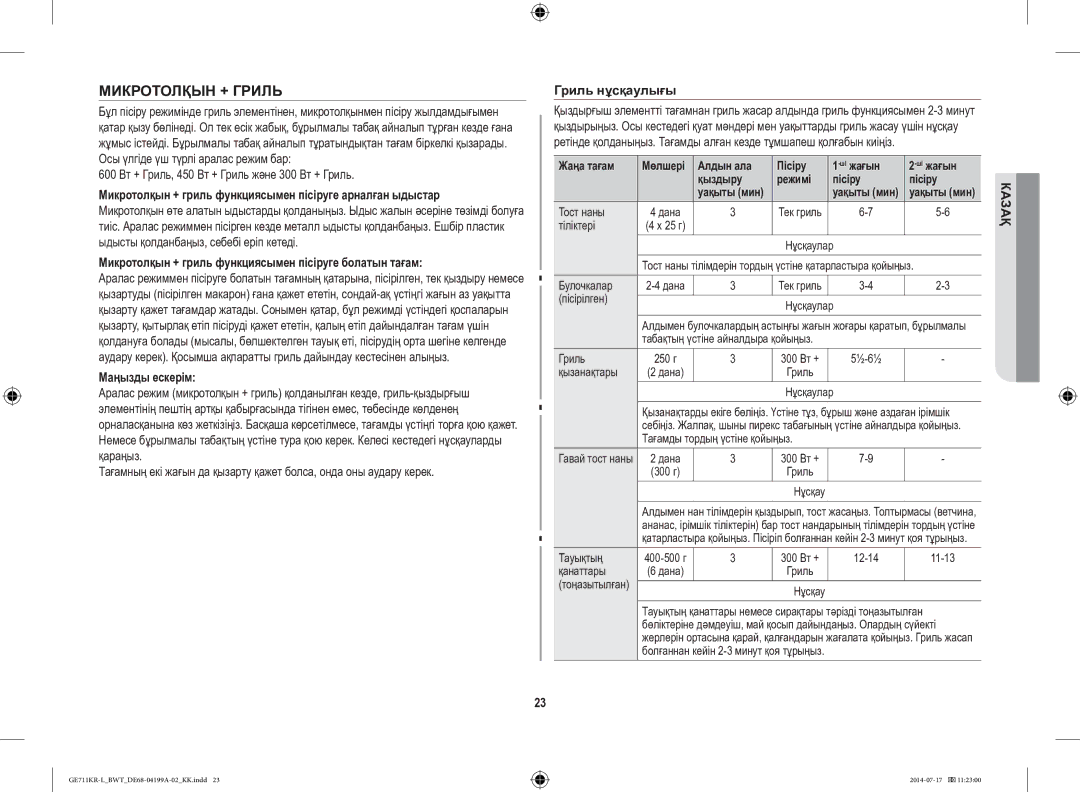 Samsung GE711KR-L/BWT manual Микротолқын + Гриль, 600 Вт + Гриль, 450 Вт + Гриль және 300 Вт + Гриль, Гриль нұсқаулығы 