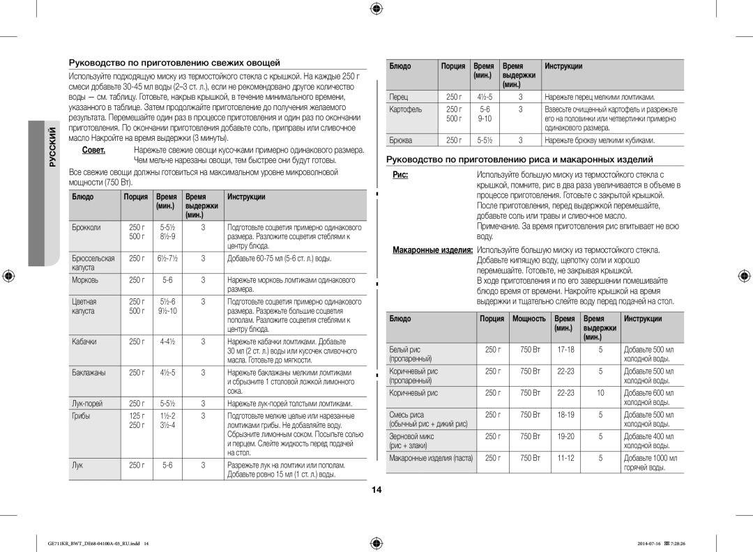 Samsung GE713KR/BWT Руководство по приготовлению свежих овощей, Руководство по приготовлению риса и макаронных изделий 