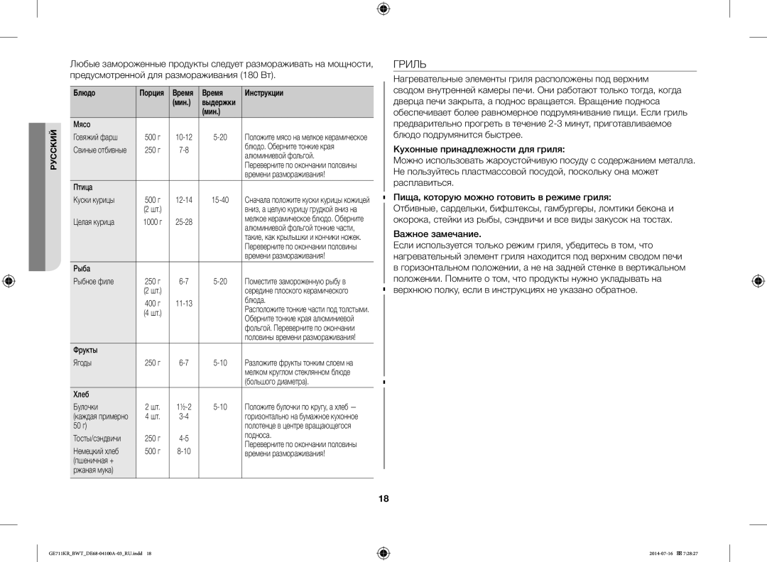 Samsung GE711KR/BWT, GE712KR/BWT, GE713KR/BWT manual Гриль, Важное замечание 