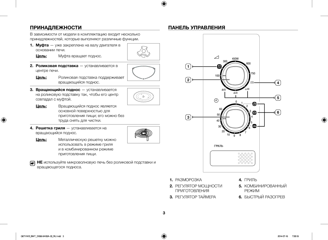 Samsung GE711KR/BWT, GE712KR/BWT manual Принадлежности, Панель Управления, Роликовая подставка устанавливается в центре печи 