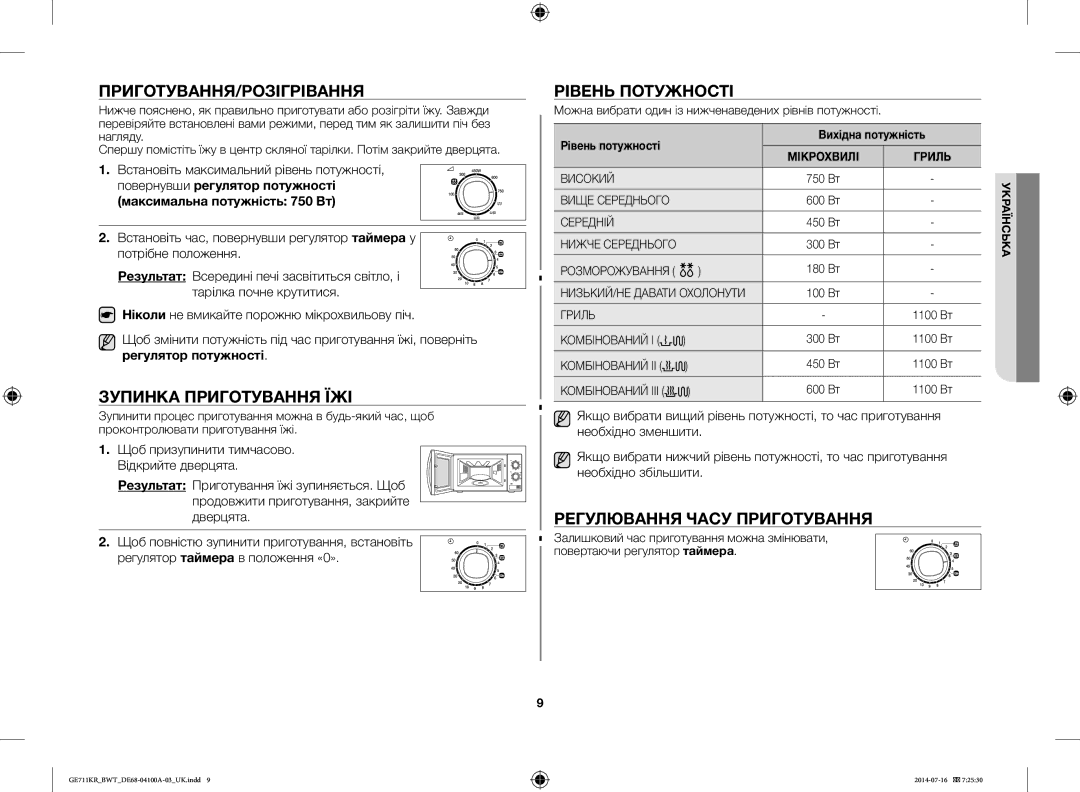 Samsung GE712KR/BWT Приготування/Розігрівання, Зупинка Приготування ЇЖІ, Рівень Потужності, Регулювання Часу Приготування 