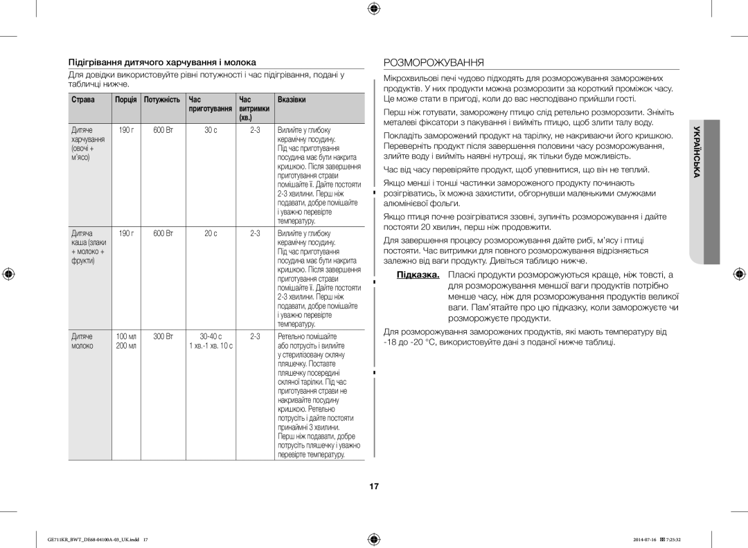 Samsung GE711KR/BWT, GE712KR/BWT, GE713KR/BWT manual Розморожування, Підігрівання дитячого харчування і молока 