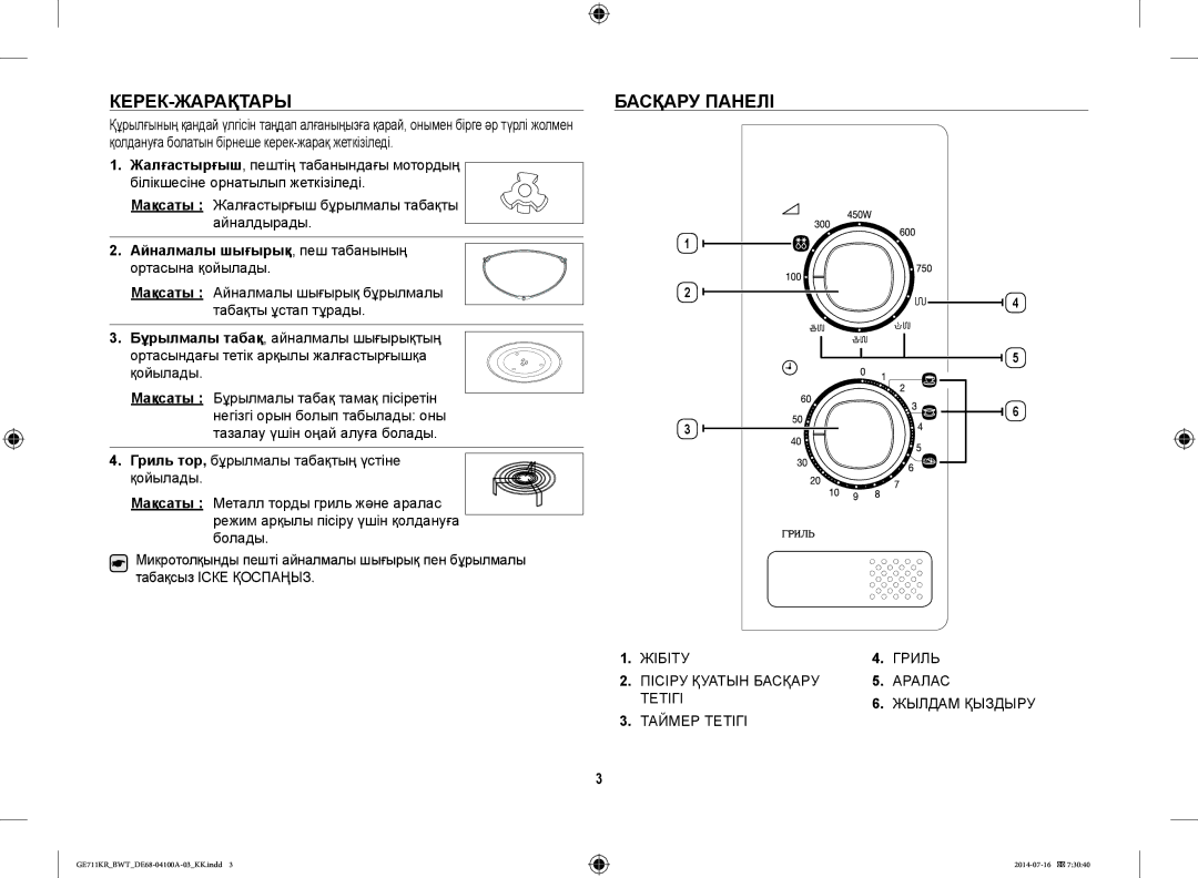 Samsung GE713KR/BWT, GE711KR/BWT manual Керек-Жарақтары, Басқару Панелі, Айналмалы шығырық, пеш табанының ортасына қойылады 