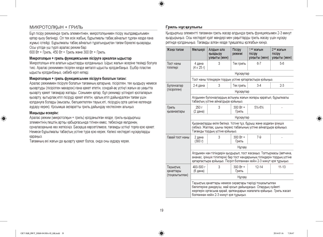 Samsung GE711KR/BWT, GE712KR/BWT Микротолқын + Гриль, 600 Вт + Гриль, 450 Вт + Гриль және 300 Вт + Гриль, Гриль нұсқаулығы 